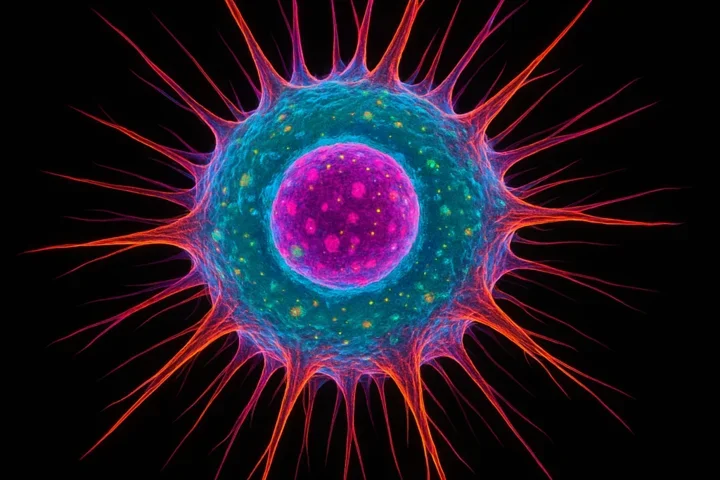 neon colored stem cell against black background