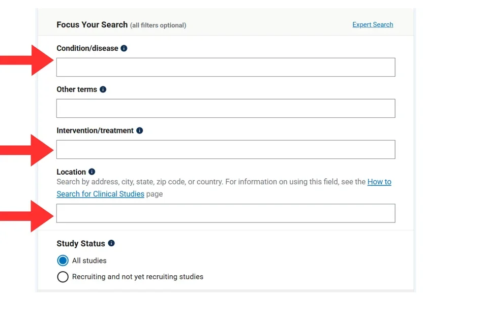 Clinical Trials.gov landing search page with red arrows pointing at the three search fields