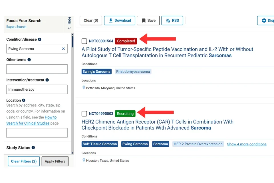 clinical trials.gov search results with red arrow pointing out the red and green tags assigned to study results