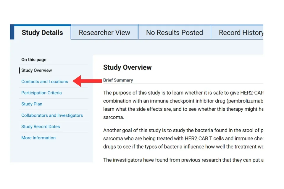clinical trials.gov page of a specific study with red arrow pointing at the "contacts and locations" part of the table of contents on the left side of screen