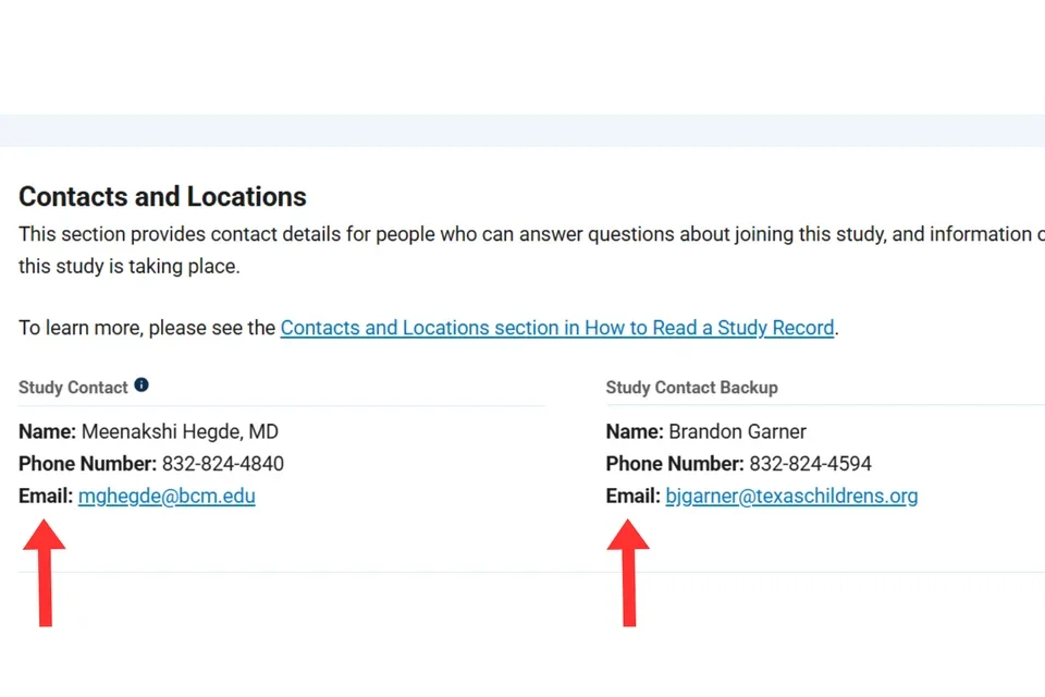 Contacts and locations section of study page on clinical trials.gov with red arrows pointing at emails and phone numbers