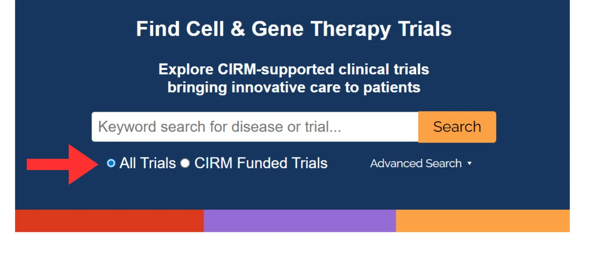 Website landing page with arrow pointing at "All trials" option